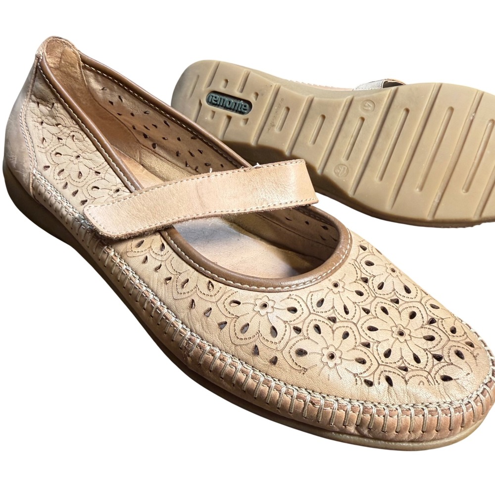 Remonte Soft Tan Leather Floral Laser Cut Mary‎ Jane Flats Womens 41 EU